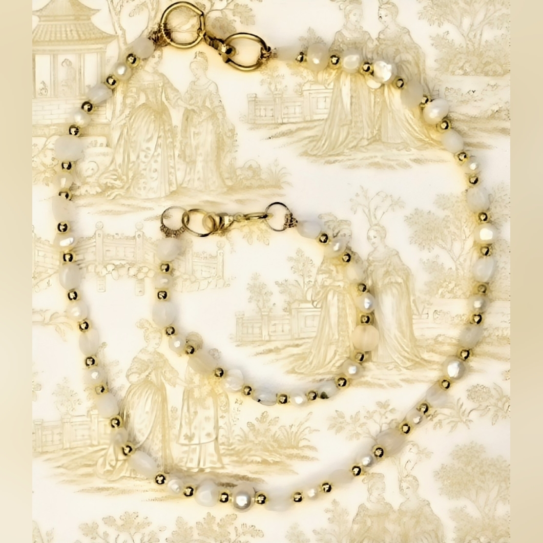 Natural White Moonstone & Baroque Pearls Dainty Gold Plated Necklace & Bracelet